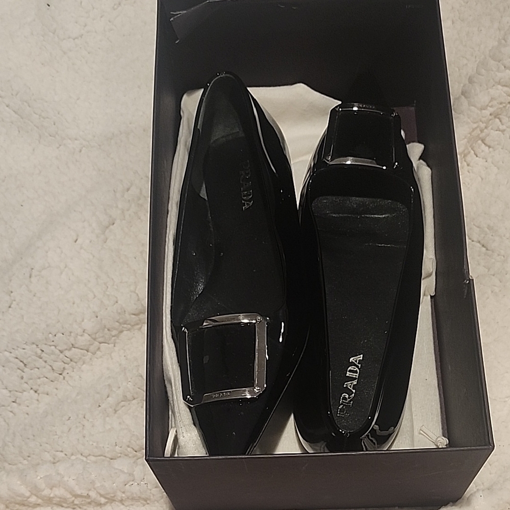 Prada Black Leather Loafers with Square Buckle